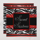 Zwart Wit Rood Zebra Sweet 16 Party Kaart (Voorkant / Achterkant)