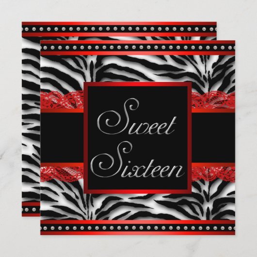 Zwart Wit Rood Zebra Sweet 16 Party Kaart (Voorkant / Achterkant)