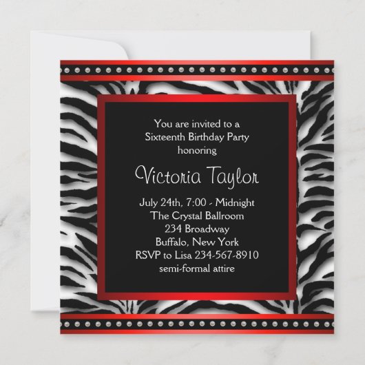 Zwart Wit Rood Zebra Sweet 16 Party Kaart (Achterkant)