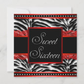 Zwart Wit Rood Zebra Sweet 16 Party Kaart (Voorkant)