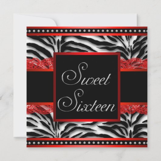 Zwart Wit Rood Zebra Sweet 16 Party Kaart (Voorkant)