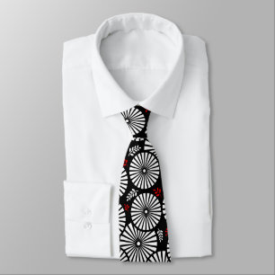 Zwart Wit Rood Zonnebloem Retro Bloem Geometrisch Stropdas