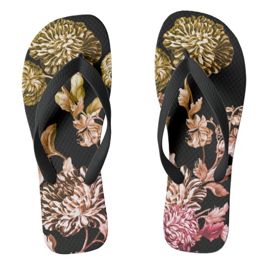 Zwart-wit roodbruin goud botanische Floral Toile Teenslippers (Voetbed)