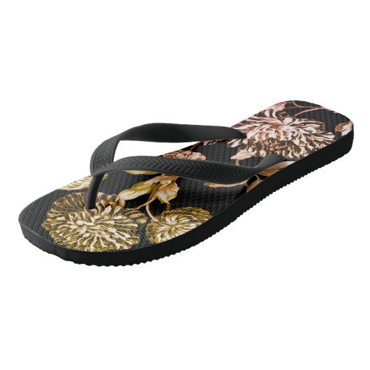 Zwart-wit roodbruin goud botanische Floral Toile Teenslippers (Schuin)