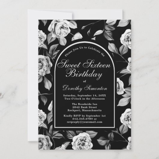 Zwart wit Roos bloemboog zoet zestien Kaart (Voorkant)