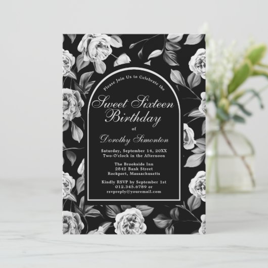Zwart wit Roos bloemboog zoet zestien Kaart (Staand voorkant)