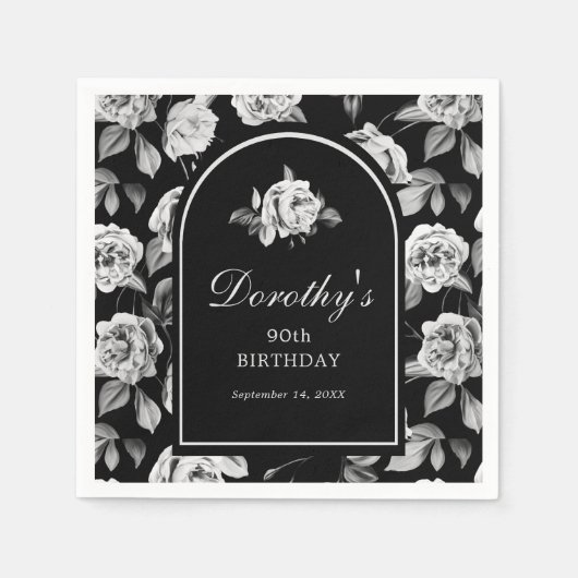 Zwart Wit Roos Bloemenboog 90ste Verjaardagsfeest Servet (Voorkant)