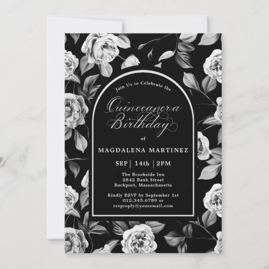 Zwart Wit Roos Bloemenboog Quinceanera Kaart (Voorkant)