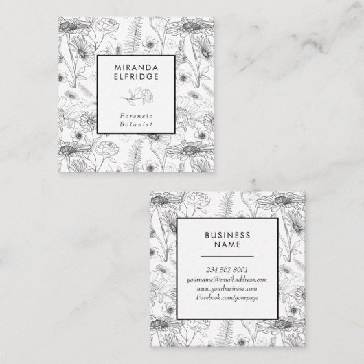 Zwart wit roos botanisch vierkante visitekaartje (Voorkant / Achterkant)