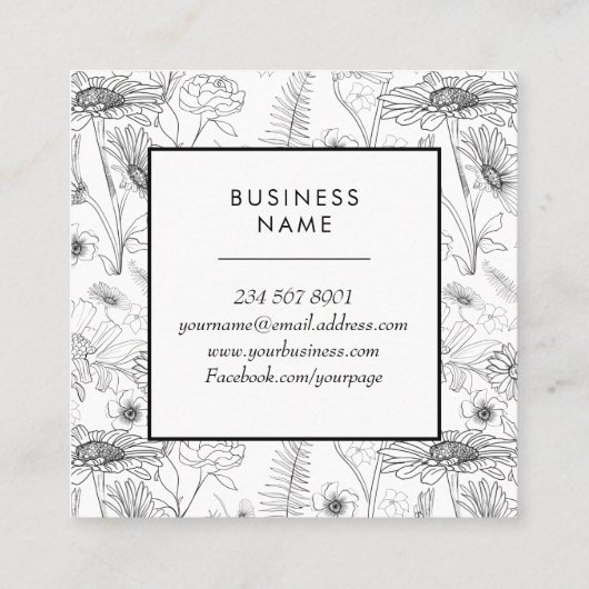 Zwart wit roos botanisch vierkante visitekaartje (Achterkant)