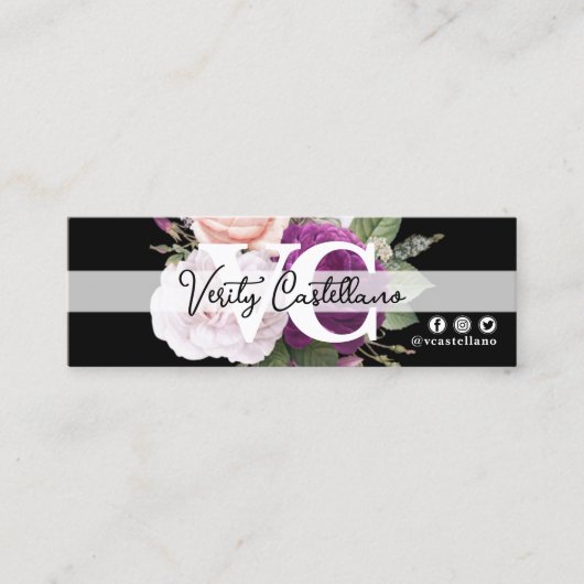 Zwart Wit  Roos Floral Modern Persoonlijk QR Mini Visitekaartje (Voorkant)