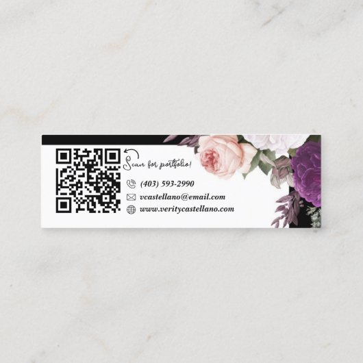 Zwart Wit  Roos Floral Modern Persoonlijk QR Mini Visitekaartje (Achterkant)
