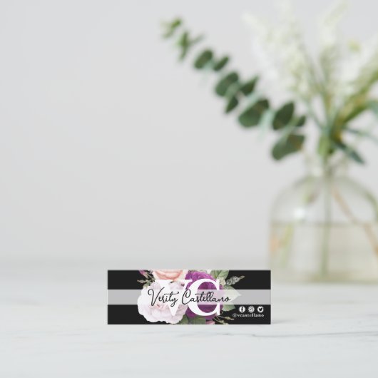 Zwart Wit  Roos Floral Modern Persoonlijk QR Mini Visitekaartje (Staand voorkant)