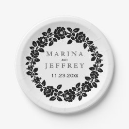 Zwart wit roos krans modern bloemenbruiloft papieren bordje