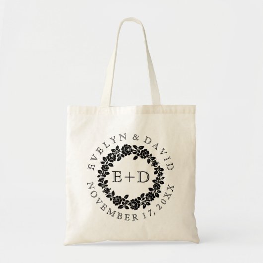 Zwart wit roos krans monogram bruiloft welkom tote bag (Voorkant)