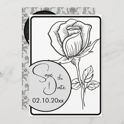Zwart-wit Rose Wedding Save the Date Kaart (Voorkant / Achterkant)