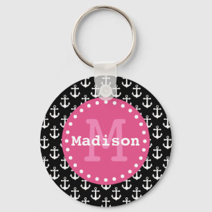 Zwart wit roze anker monogram sleutelhanger