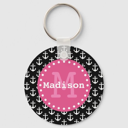 Zwart wit roze anker monogram sleutelhanger (Voorkant)