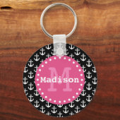Zwart wit roze anker monogram sleutelhanger (Voorkant)