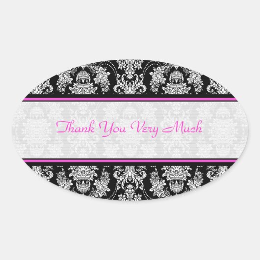Zwart wit & roze barok bloemmotief ovale sticker (Voorkant)