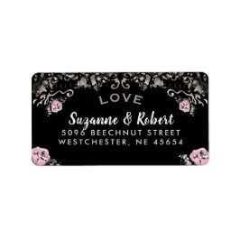 Zwart Wit & Roze Bloemen Bruiloft Adres Label