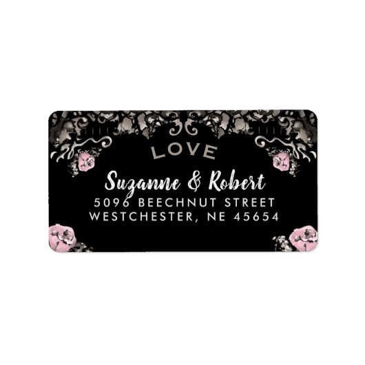 Zwart Wit & Roze Bloemen Bruiloft Adres Label (Voorkant)