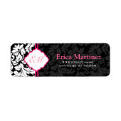 Zwart Wit & Roze  Bloemen Damasks 2 Etiket (Voorkant)