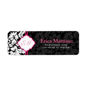 Zwart Wit & Roze  Bloemen Damasks 2 Etiket