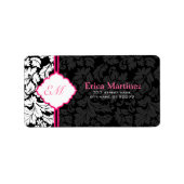 Zwart Wit & Roze  Bloemen Damasks 2 Etiket (Voorkant)