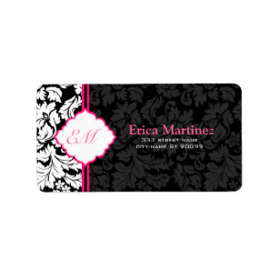 Zwart Wit & Roze  Bloemen Damasks 2 Etiket