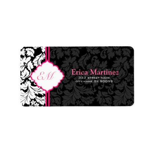 Zwart Wit & Roze  Bloemen Damasks 2 Etiket (Voorkant)