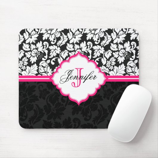 Zwart Wit & Roze  Bloemen Damasks 2 Muismat (Met muis)