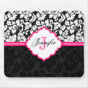 Zwart Wit & Roze  Bloemen Damasks 2 Muismat