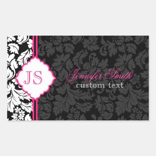 Zwart Wit & Roze  Bloemen Damasks 2 Rechthoekige Sticker (Voorkant)