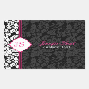 Zwart Wit & Roze  Bloemen Damasks 2 Rechthoekige Sticker
