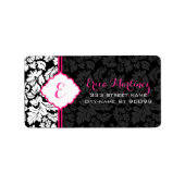 Zwart Wit & Roze  Bloemen Damasks 2a Etiket (Voorkant)