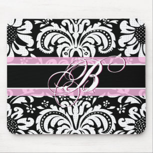 Zwart Wit & Roze  Bloemen Damast Patroon Muismat