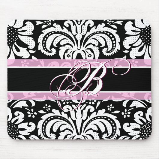 Zwart Wit & Roze  Bloemen Damast Patroon Muismat (Voorkant)