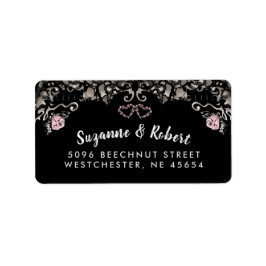 Zwart Wit & Roze Bloemen Harten Bruiloft Adres Etiket