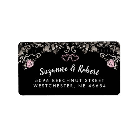 Zwart Wit & Roze Bloemen Harten Bruiloft Adres Etiket (Voorkant)