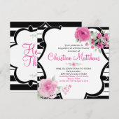 Zwart, Wit, Roze Bloemen Vrijgezellenfeest Kaart (Voorkant / Achterkant)