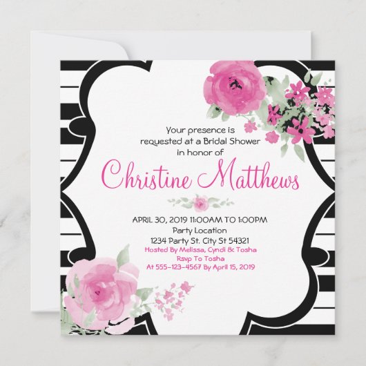 Zwart, Wit, Roze Bloemen Vrijgezellenfeest Kaart (Voorkant)