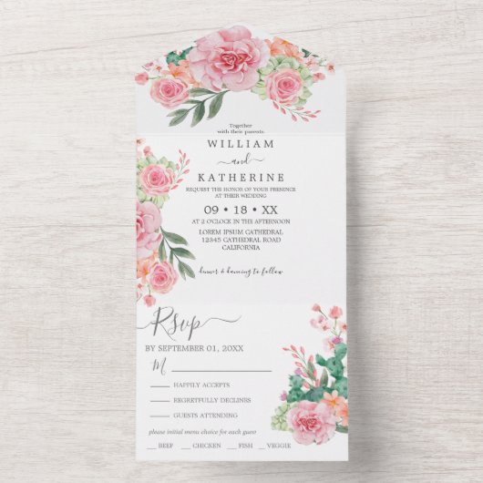 Zwart-wit roze bloemenbudget bruiloft all in one uitnodiging (Binnen)