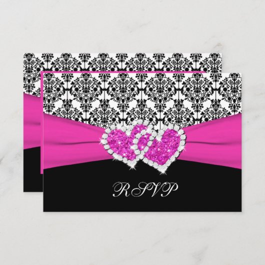 Zwart, wit, roze chassis & hartreactiekaart RSVP kaartje (Voorkant / Achterkant)