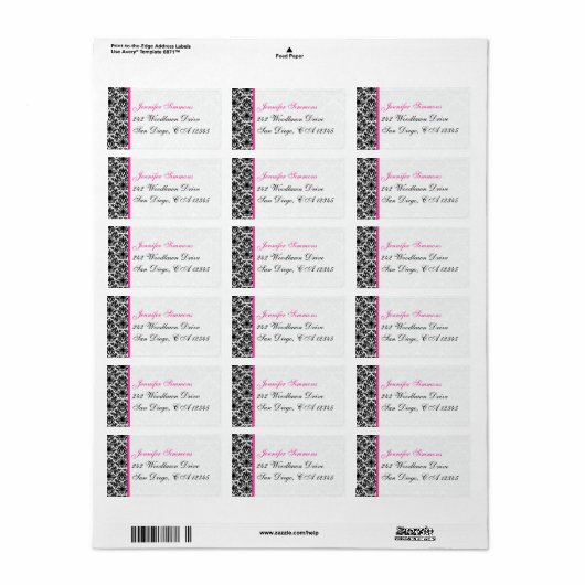 Zwart wit Roze Damask Return Label (Full Sheet)