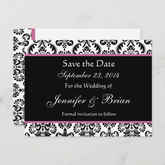 Zwart Wit Roze Damask Save Date Briefkaart (Voorkant / Achterkant)
