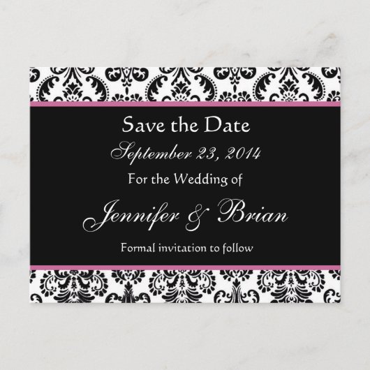 Zwart Wit Roze Damask Save Date Briefkaart (Voorkant)