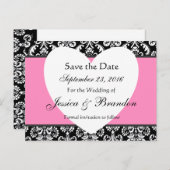 Zwart Wit Roze Damask Save Date Briefkaart 3 (Voorkant / Achterkant)