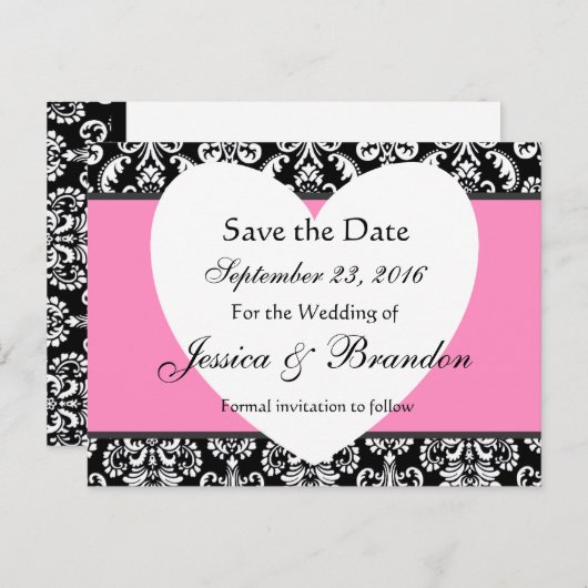 Zwart Wit Roze Damask Save Date Briefkaart 3 (Voorkant / Achterkant)