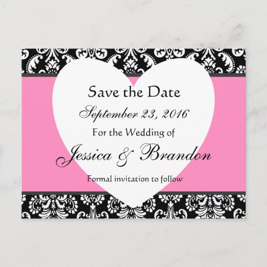 Zwart Wit Roze Damask Save Date Briefkaart 3 (Voorkant)
